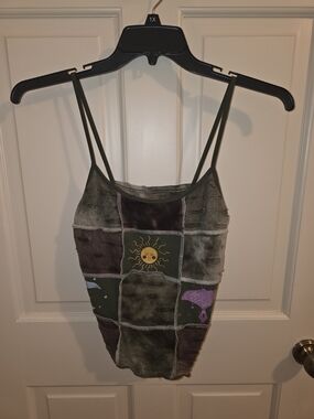 Sun Patchwork Olive Green Spaghetti Strap Tank Top